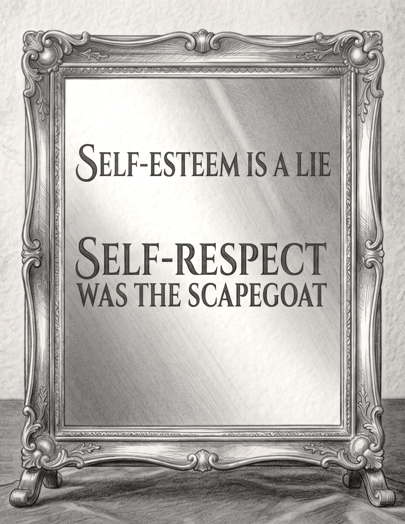 Ornate mirror etched with the words: self-esteem is a lie, self-respect was the scapegoat