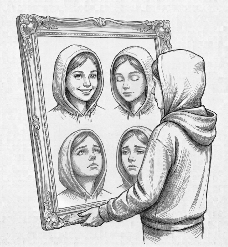 A woman holding a mirror reflecting four versions of her own face in different emotional states